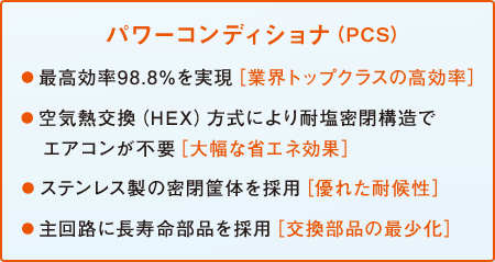 パワーコンディショナ（PCS）● 最高効率98.8%を実現［業界最高の高効率］● 空気熱交換（HEX）方式により耐塩密閉構造でエアコンが不要［大幅な省エネ効果］● ステンレス製の密閉筐体を採用［優れた耐候性］● 主回路に長寿命部品を採用［交換部品の最少化］