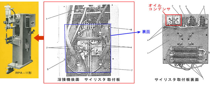 サイリスタ取付板裏面にあるコンデンサ